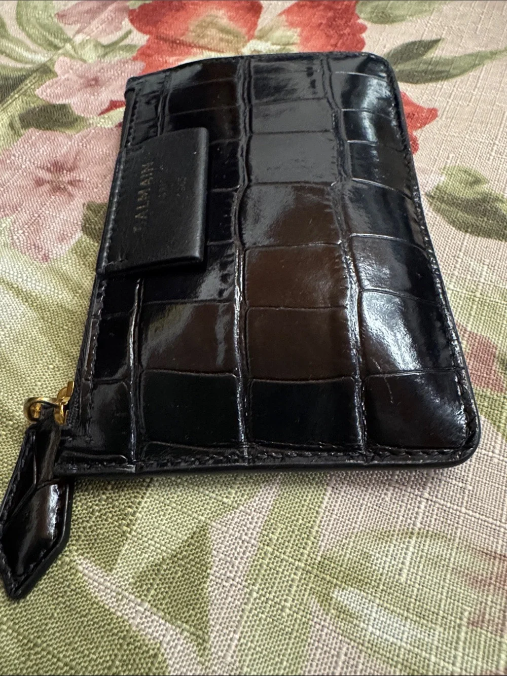 Balmain Black Croc-Embossed Leather Zip Pouch with Gold Hardware